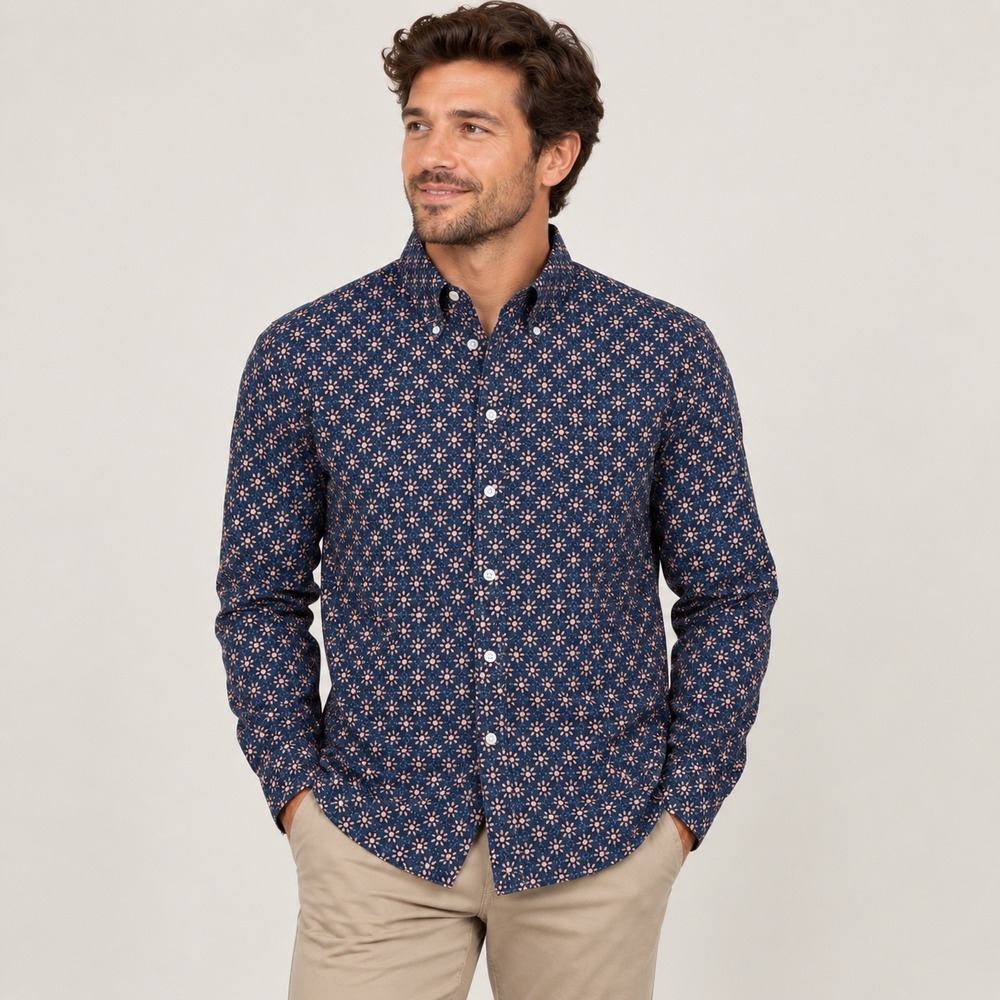 J.Crew Secret Wash Shirt Mens M Navy Floral Classic Untucked Stretch Cotton